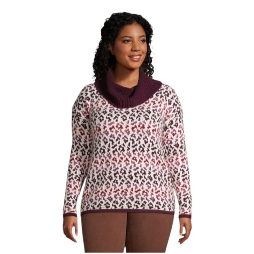 Lands’ End Lofty Cozy Cowlneck Leopard Sweater Plus 2X Burgundy Plum - Picture 3 of 11